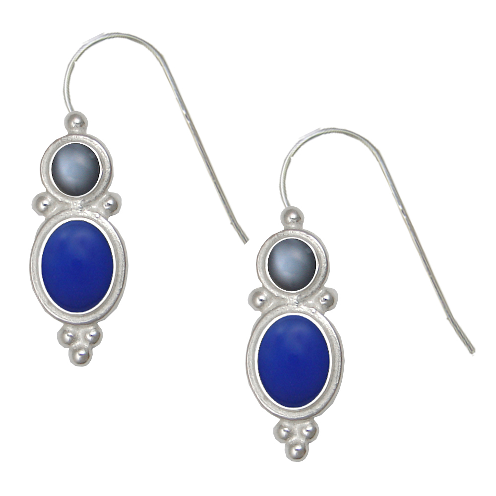 Sterling Silver Drop Dangle Earrings Blue Onyx And Grey Moonstone